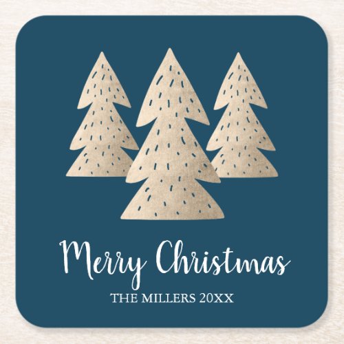 Elegant modern gold  blue Merry Christmas tree Square Paper Coaster