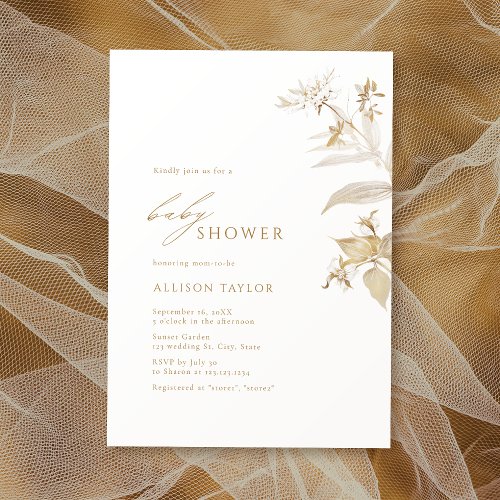 Elegant Modern Gold Botanical Floral Baby Shower Invitation