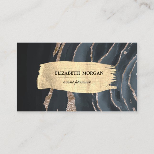 Elegant Modern Gold Brush Stroke Black Marble Business Card (Front)