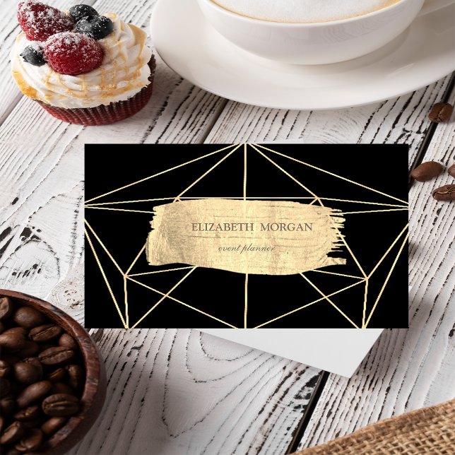 Elegant Modern Gold Brush Stroke Geometric,Black Business Card (Creator Uploaded)