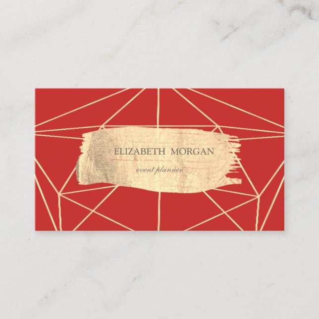 Elegant Modern Gold Brush Stroke Geometric,Red Business Card (Front)