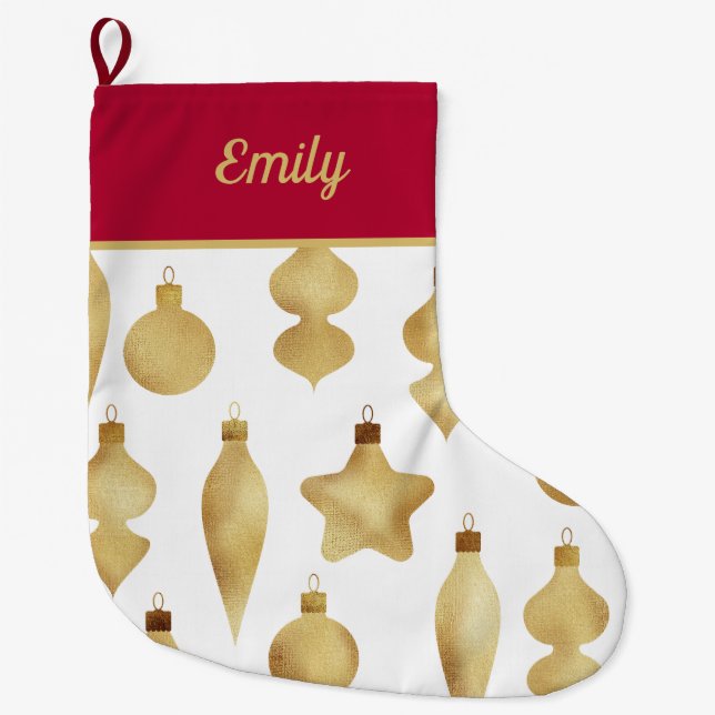 Elegant Modern Gold Christmas Ornaments Pattern Large Christmas Stocking (Front)