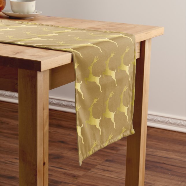Elegant Modern Gold Christmas Reindeer Pattern Short Table Runner (In Situ)