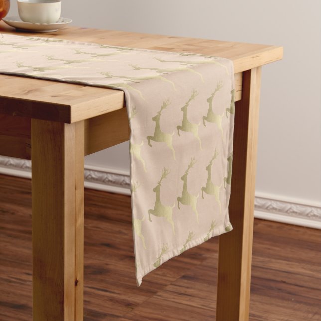 Elegant Modern Gold Christmas Reindeer Pattern Short Table Runner (In Situ)