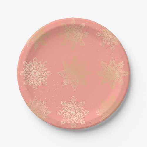 Elegant  Modern Gold Christmas Snowflake Pattern Paper Plates