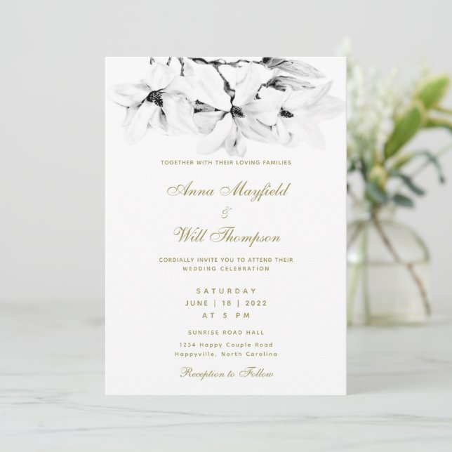 Elegant Modern Gold Classic White Magnolia Wedding Invitation (Standing Front)
