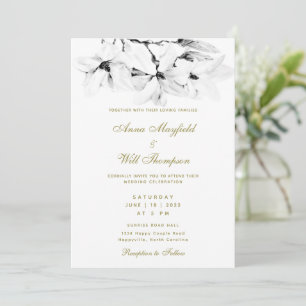 Elegant Modern Gold Classic White Magnolia Wedding Invitation