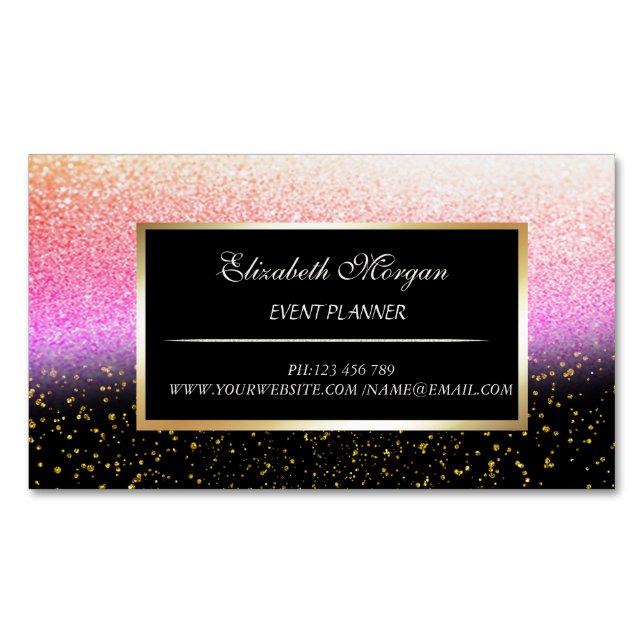 Elegant Modern Gold Confetti,Black,Bokeh Frame Business Card Magnet (Front)