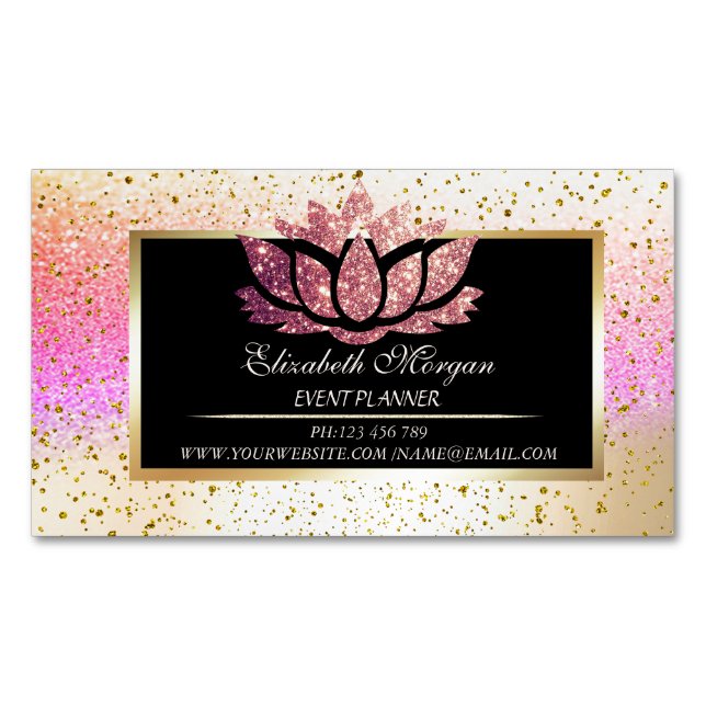 Elegant Modern Gold Confetti,Bokeh Frame Lotus Business Card Magnet (Front)