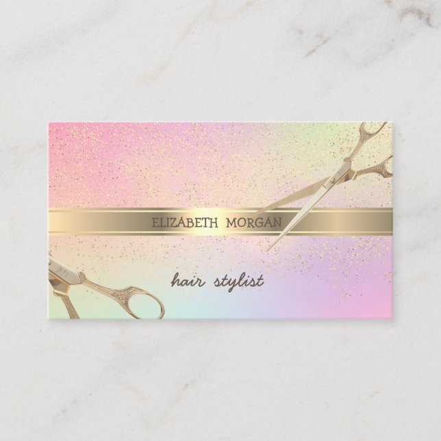 Elegant Modern Gold Confetti,Scissors Holographic Business Card (Front)