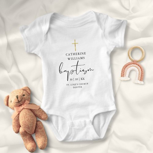 Elegant Modern Gold Cross Baptism Baby Bodysuit