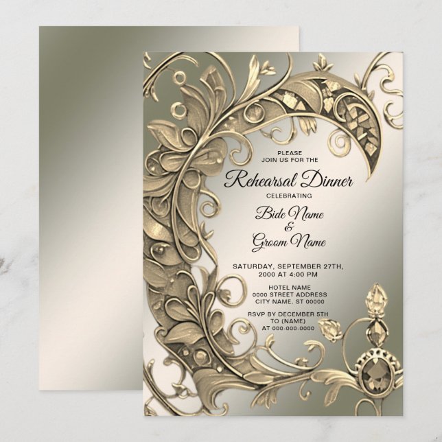 Elegant Modern Gold Decorative Rehearsal Dinner Invitation (Front/Back)