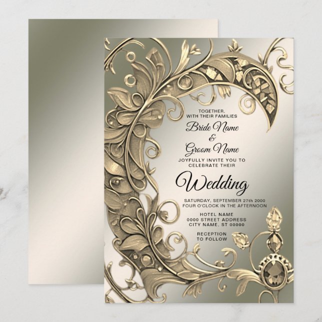 Elegant Modern Gold Decorative Wedding Invitation (Front/Back)