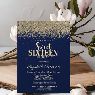 Elegant Modern Gold Diamonds Navy Blue Sweet 16 Invitation