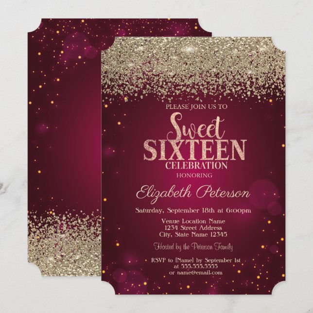 Elegant Modern Gold Diamonds Red Sweet 16 Invitation (Front/Back)