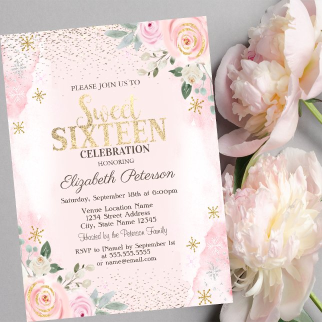 Elegant Modern Gold Diamonds Snowflakes Sweet 16 Invitation (Creator Uploaded)