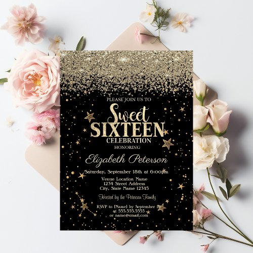 Elegant Modern Gold Diamonds Stars Black Sweet 16 Invitation