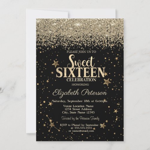 Elegant Modern Gold Diamonds Stars Black Sweet 16 Invitation