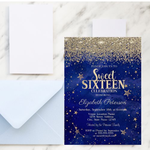 Elegant Modern Gold Diamonds Stars Blue Sweet 16 Invitation