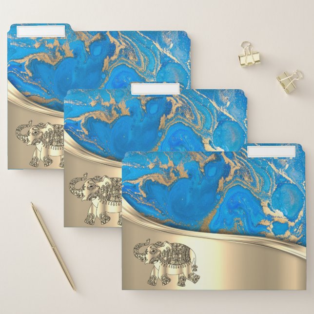 Elegant Modern Gold Elephant Blue Marble Texture File Folder (Set)