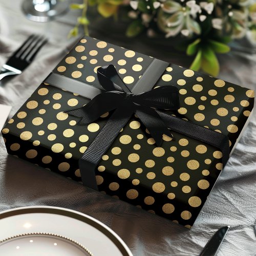 Elegant Modern Gold Faux Foil Polka Dots On Black Wrapping Paper