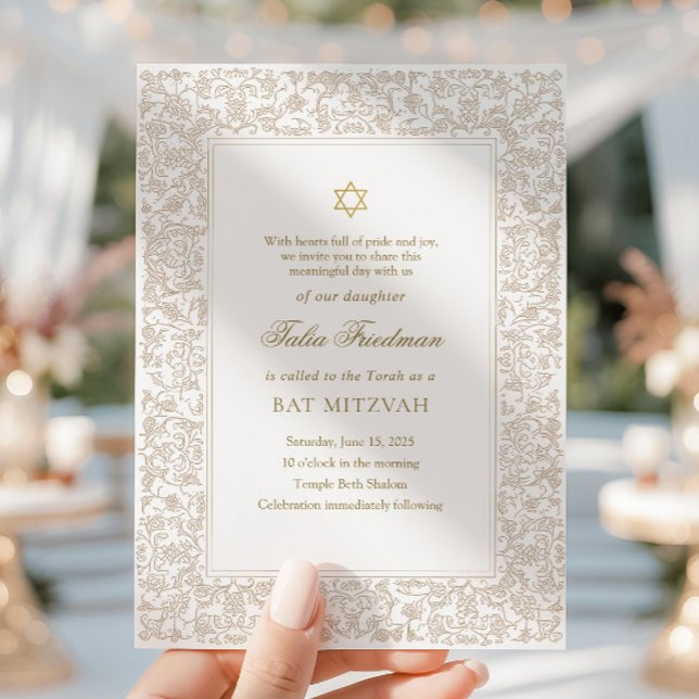 Elegant Modern Gold Floral Bat Mitzvah  Invitation (Creator Uploaded)