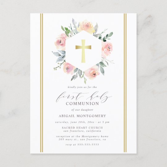 Elegant & Modern Gold Floral First Holy Communion Invitation Postcard ...
