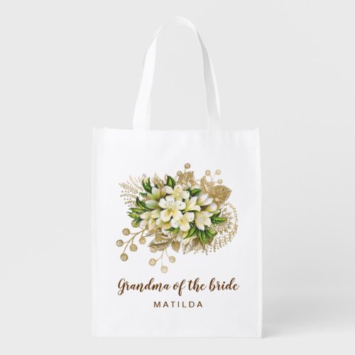 Elegant modern gold floral grandma of the bride grocery bag