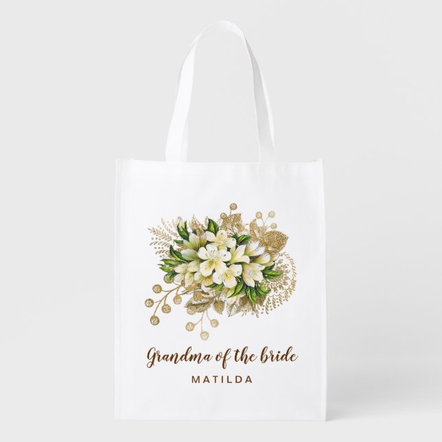 Elegant modern gold floral grandma of the bride grocery bag (Front)
