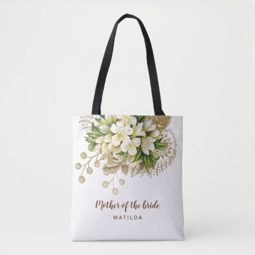 Elegant modern gold floral mother of the bride tote bag