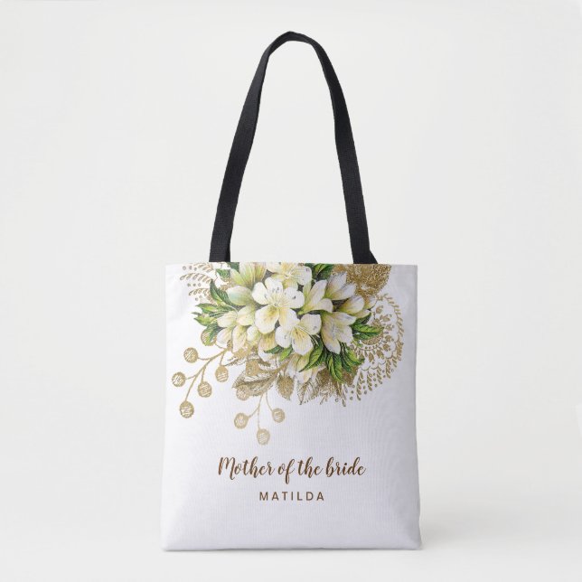 Elegant modern gold floral mother of the bride tote bag (Front)