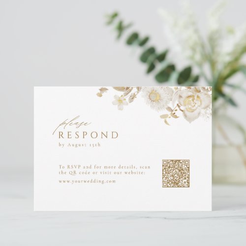 Elegant Modern Gold Floral Wedding QR code  RSVP Card