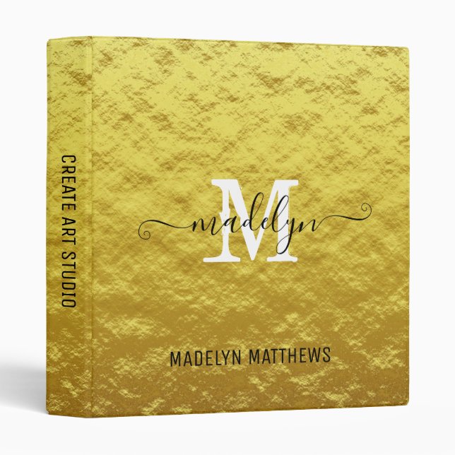 Elegant Modern Gold Foil Monogram Script Custom 3 Ring Binder (Front/Spine)