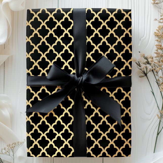 Elegant Modern Gold Foil Moroccan Trellis Black Wrapping Paper (Creator Uploaded)