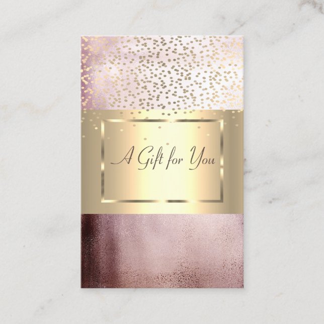 Elegant Modern Gold Frame, Confetti Rose Gold Discount Card (Front)
