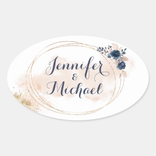 Elegant Modern Gold Frame Peach Blue Floral Oval Sticker