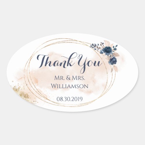 Elegant Modern Gold Frame Peach Blue Floral Oval Sticker