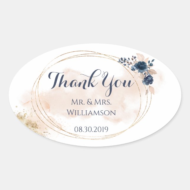 Elegant Modern Gold Frame Peach Blue Floral Oval Sticker (Front)
