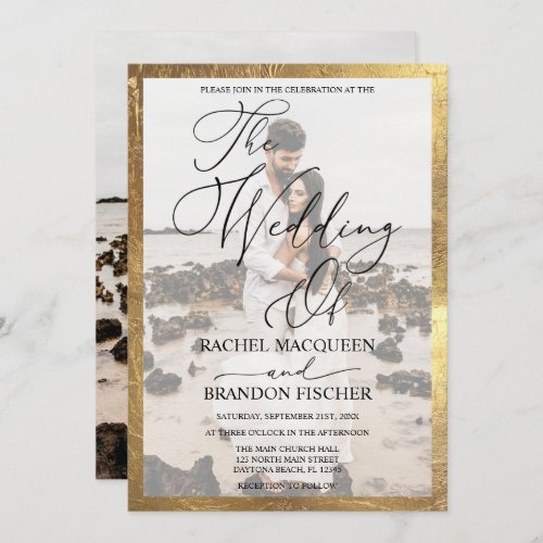 Elegant Modern Gold Framed Couple Photo Wedding Invitation