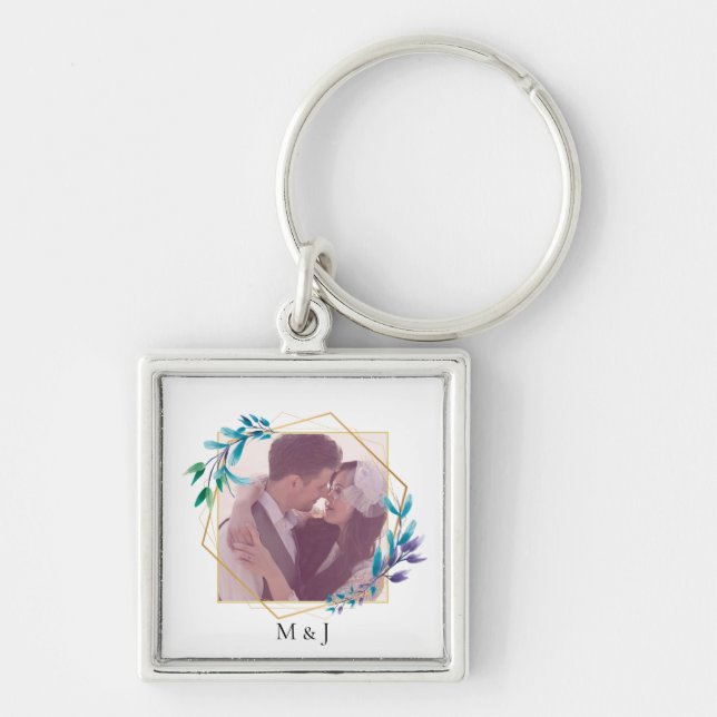 Elegant Modern Gold Geometric and Leaf Photo Keychain (Front)