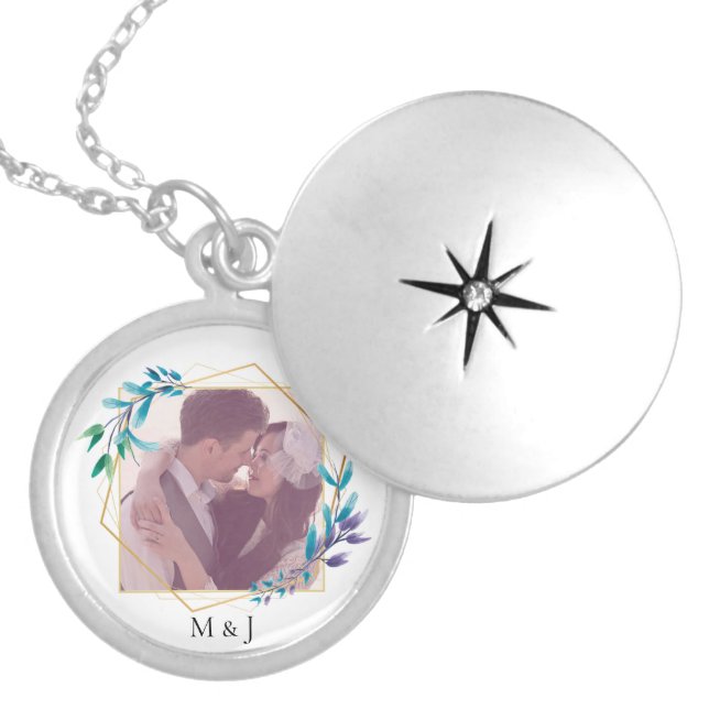 Elegant Modern Gold Geometric and Leaf Photo Locket Necklace (Front)