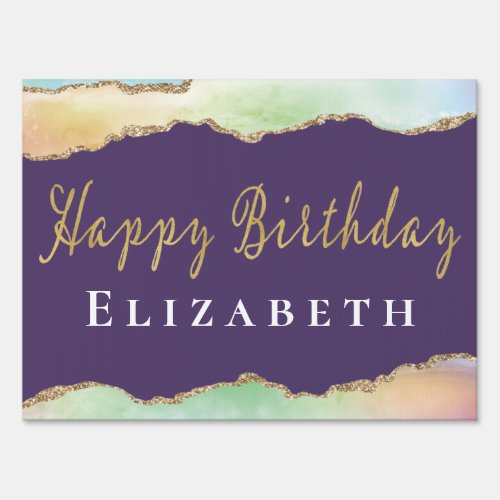 Elegant Modern Gold Girly Purple Happy Birthday Sign