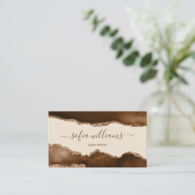 Elegant Modern Gold Glitter Brown Agate Business C Business Card (Standing Front)