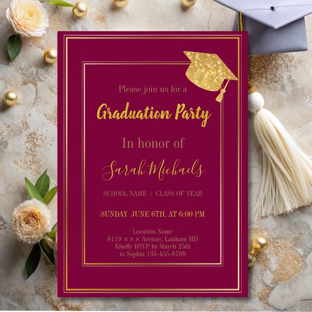 Elegant Modern Gold Glitter Graduation Cap  Invitation (Creator Uploaded)