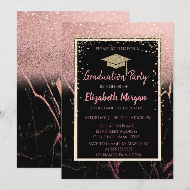 Elegant Modern Gold Glitter Graduation Cap,Marble Invitation (Front/Back)