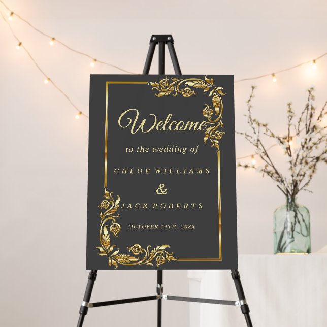 Elegant Modern Gold Glitter gray Wedding Welcome  Foam Board (In Situ (Stand))