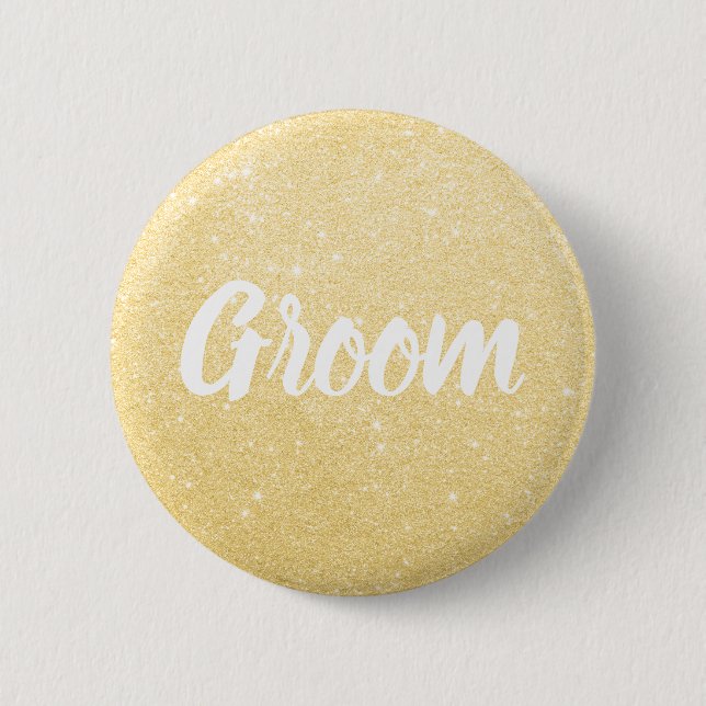 Elegant & modern  gold glitter groom wedding button (Front)