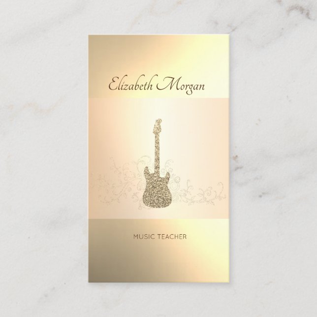 Elegant Modern, Gold Glitter Guitar, Music Teacher Business Card (Front)
