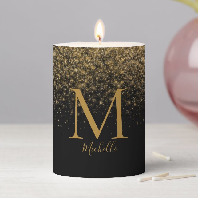Elegant Modern Gold Glitter Monogram Name  Pillar Candle (In Situ)