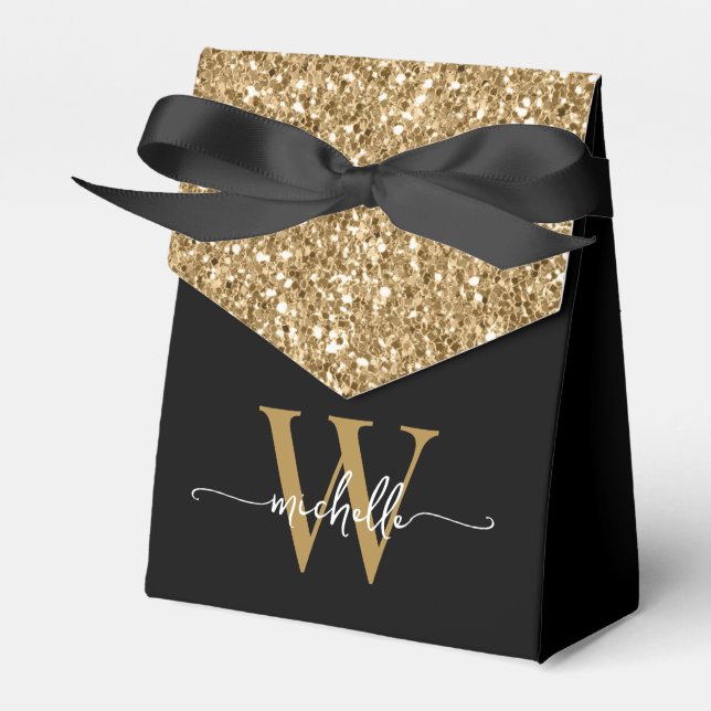 Elegant Modern Gold Glitter Monogram Name Script Favor Boxes (Front Side)